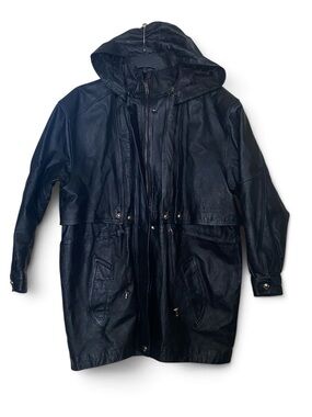 COMINT | Men's Black Hooded Leather Raincoat with Drawstring Waist
